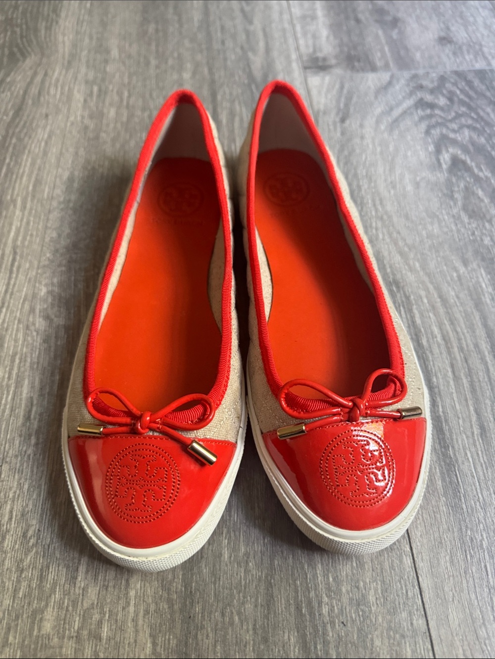 Tory Burch Canvas Ballet Flat with Red Patent Toe